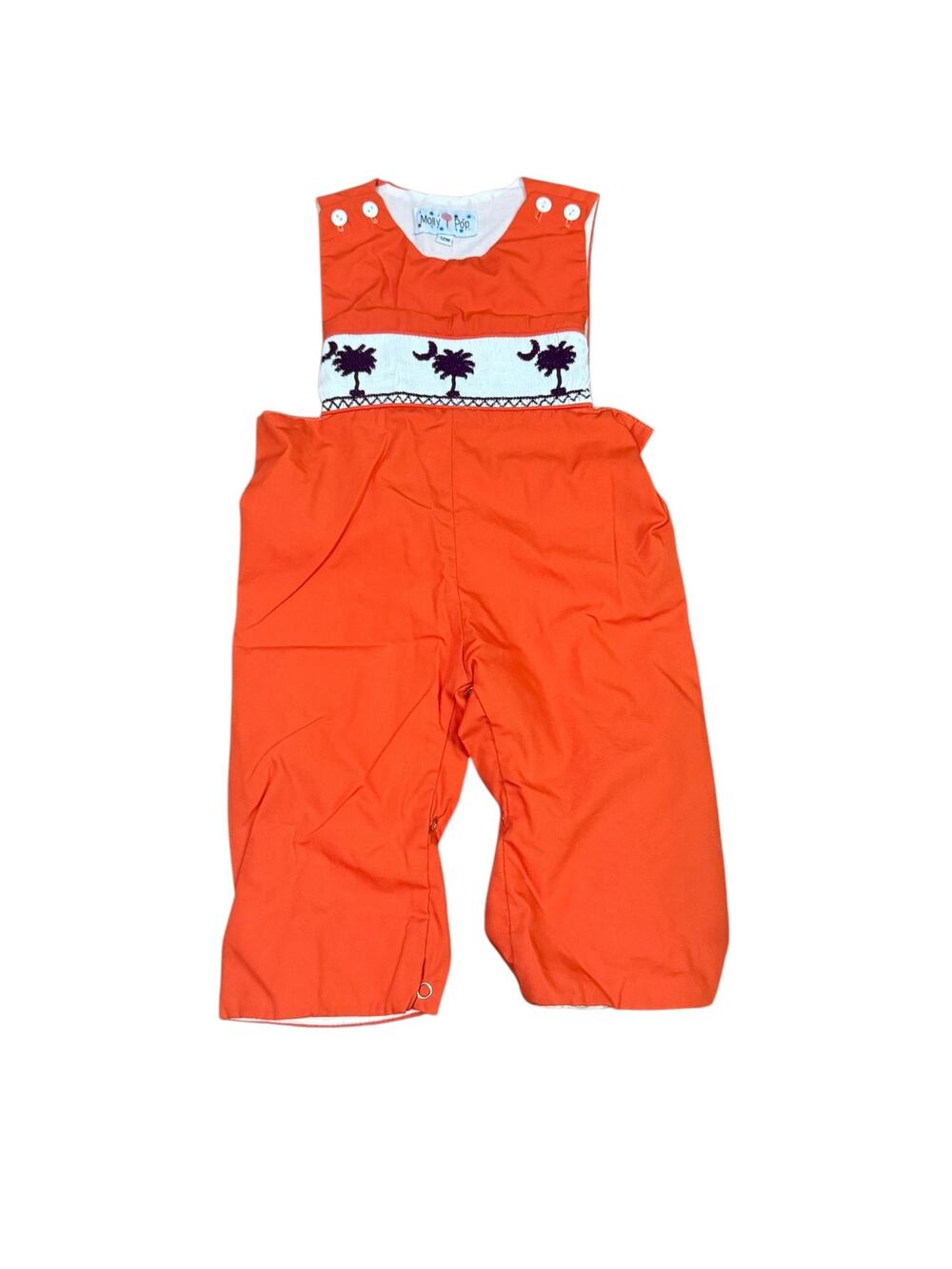 Molly Pop Orange Palmetto Tree Crescent Moon Embroidered Smocked Overalls 12M